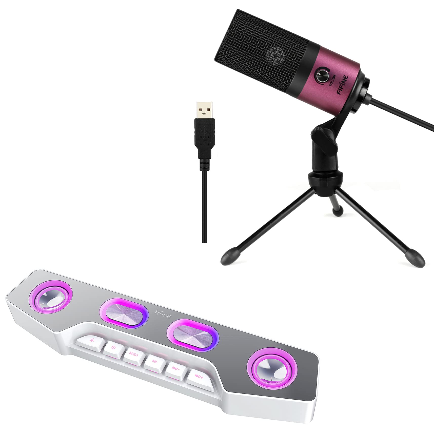 FIFINEPink USB Mic and Computer Speaker, USB Podcasting Condenser Microphone On Computer/PS4/PS5, RGB External Speaker for Streaming Recording Podcast Gaming (K669+A16W)