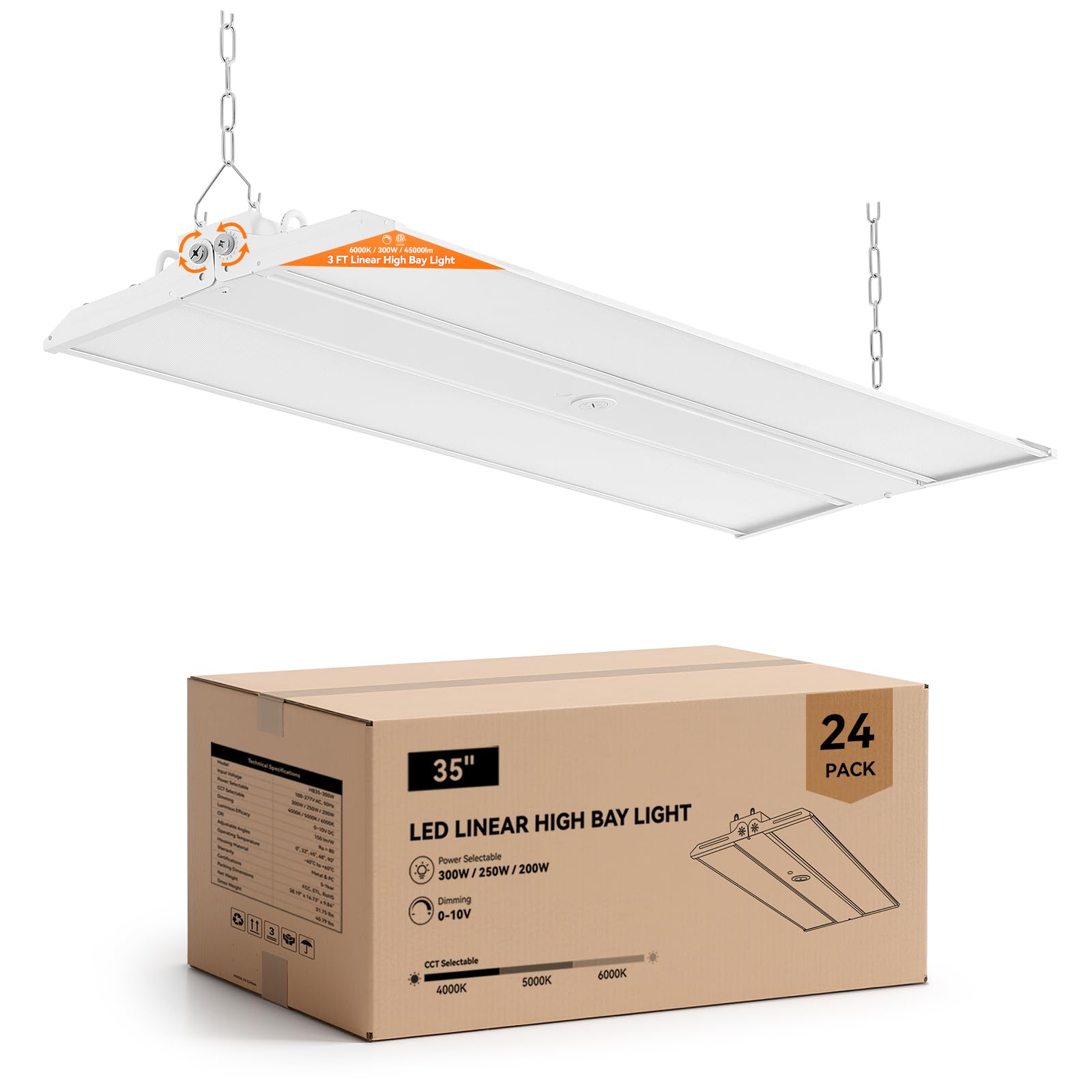 24-Pack 3FT 300W Linear High Bay Shop Lights 45000lm 6000K 5000K 4000K Switchable 0-10V dimmable 100-277V Adjustable Tilt