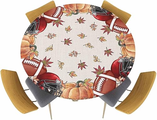 Miniatura 2 de Mantel ajustado con casco de rugby de otoño, Acción de Gracias, con diseño de calabaza, para mesa redonda, hojas de arce de otoño con borde