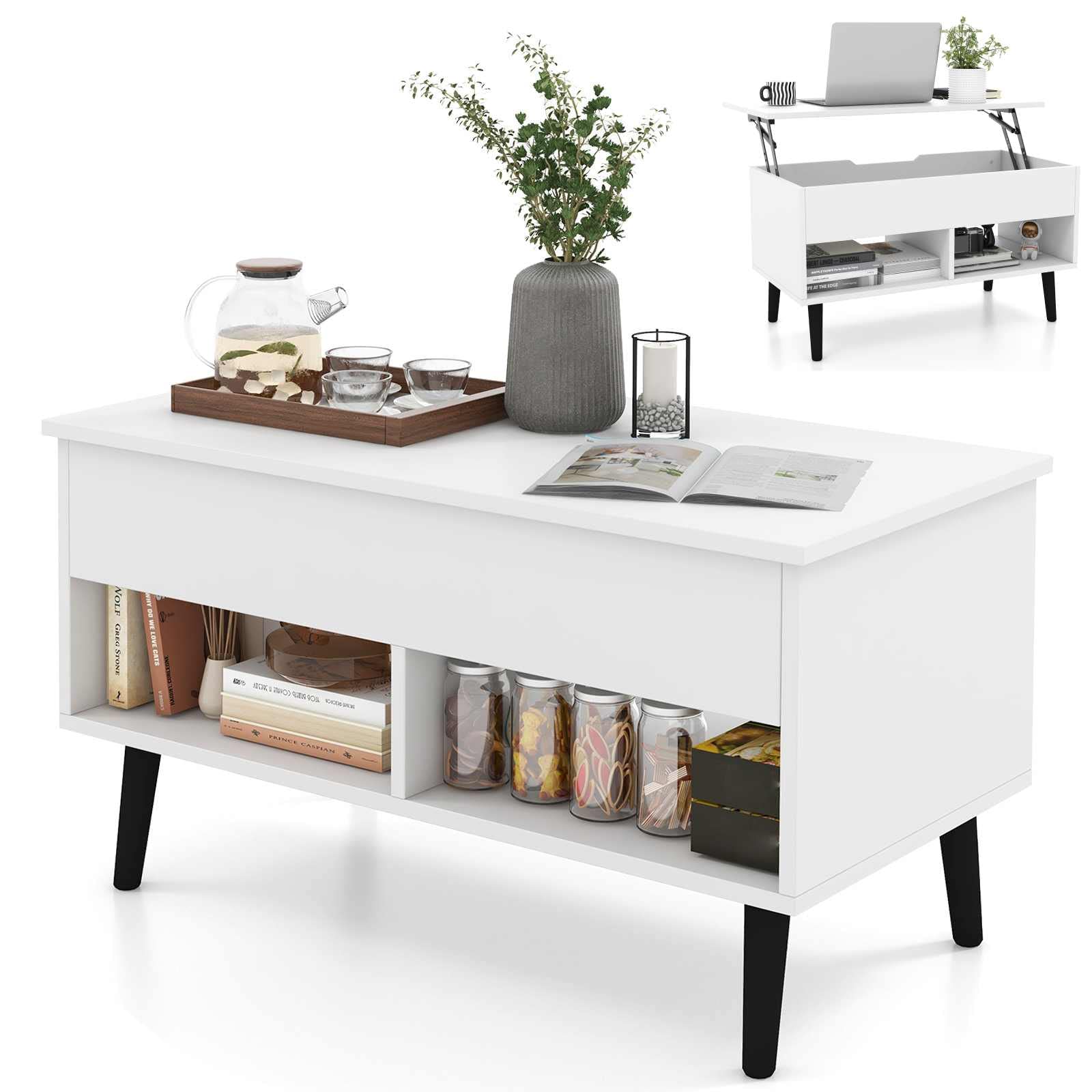 CASART Lift Top Coffee Table, Wooden Lifting Sofa Tea Table with Hidden Compartment & Open Shelves, Home Office Floating Retractable Snack Coffee Tables for Living Room Bedroom Study (White)