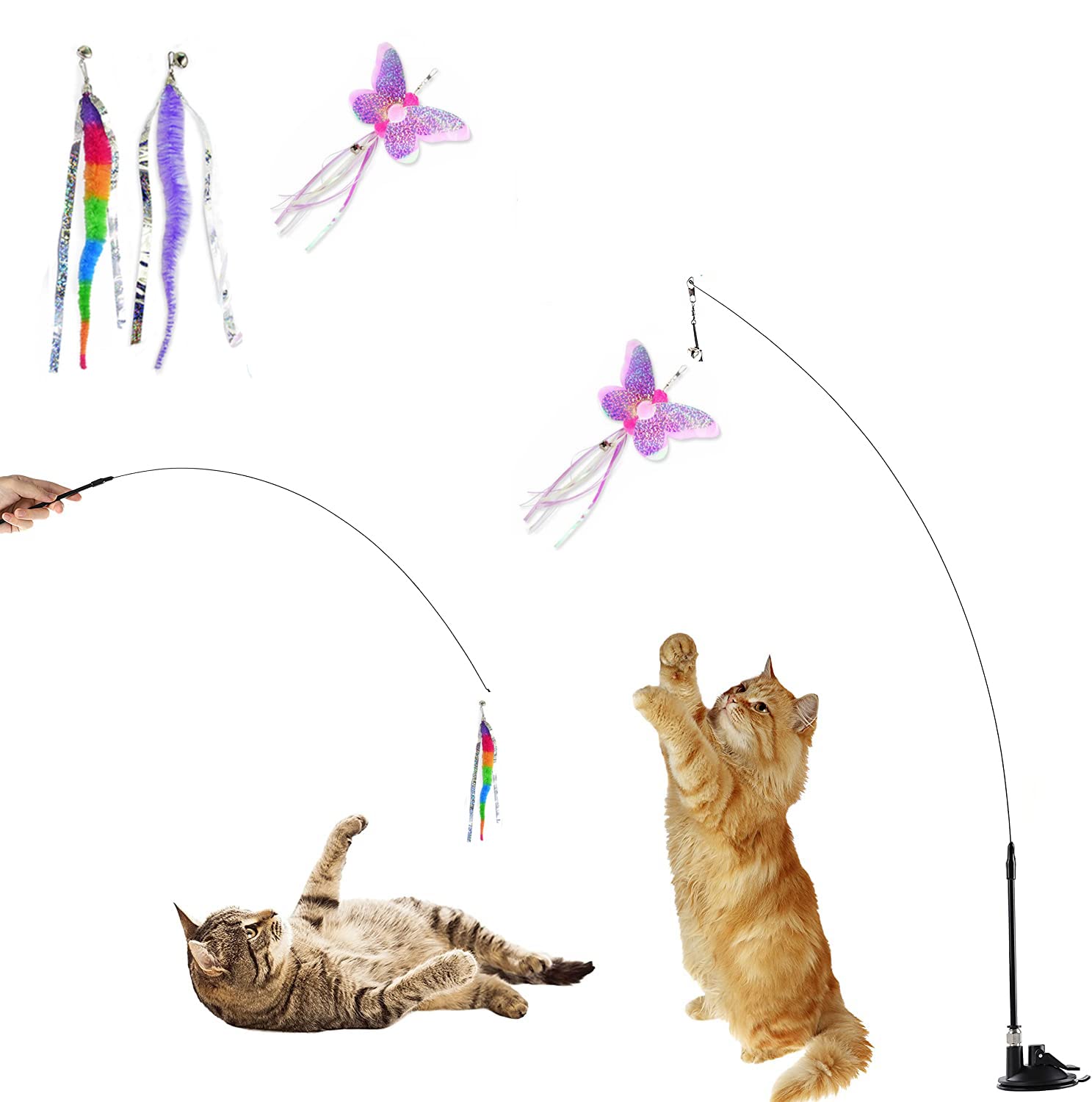 Cat Feather Toys Interactive Cats - Cat Powerful Suction Cup Handheld Teaser Wand Toy and 3PCS Replacement Headr with Bell for Indoor Cats to Play Chase