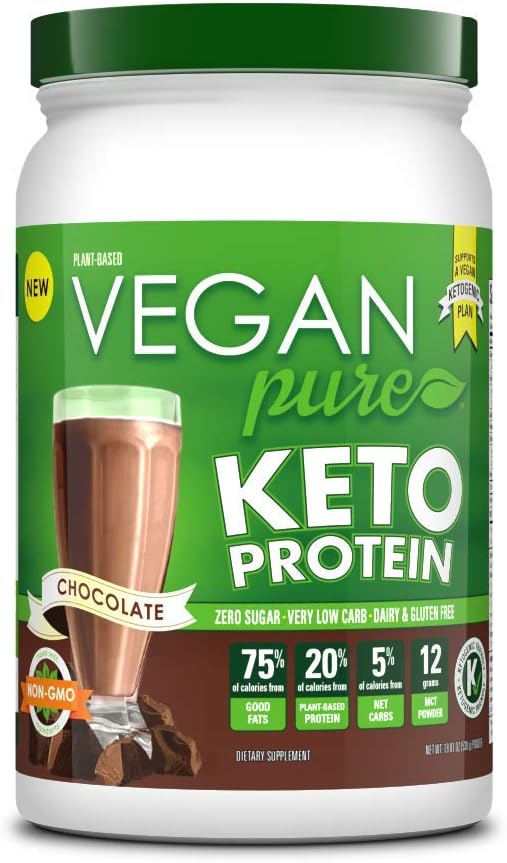 Vegan Pure Keto Protein Powder, Sugar Free, Gluten Free, Very Low Carb, Medium Chain Triglyceride, Plant Based Protein, Get into Ketosis! Chocolate 19oz (539g)