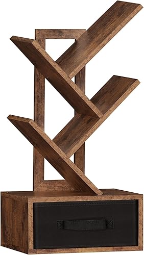 Estantería pequeña con cajón, estante de libro de árbol de 4 niveles, estantes de escritorio de madera, estantes modernos de escritorio