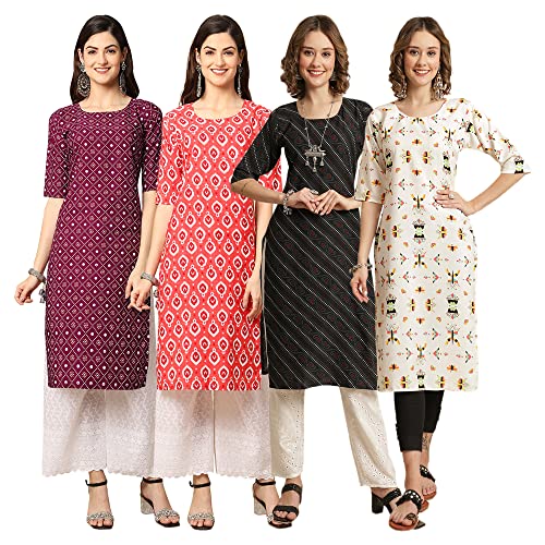 Image of Pinkmint Women's Crepe Digital Print Straight Kurta [Pack of 4]
