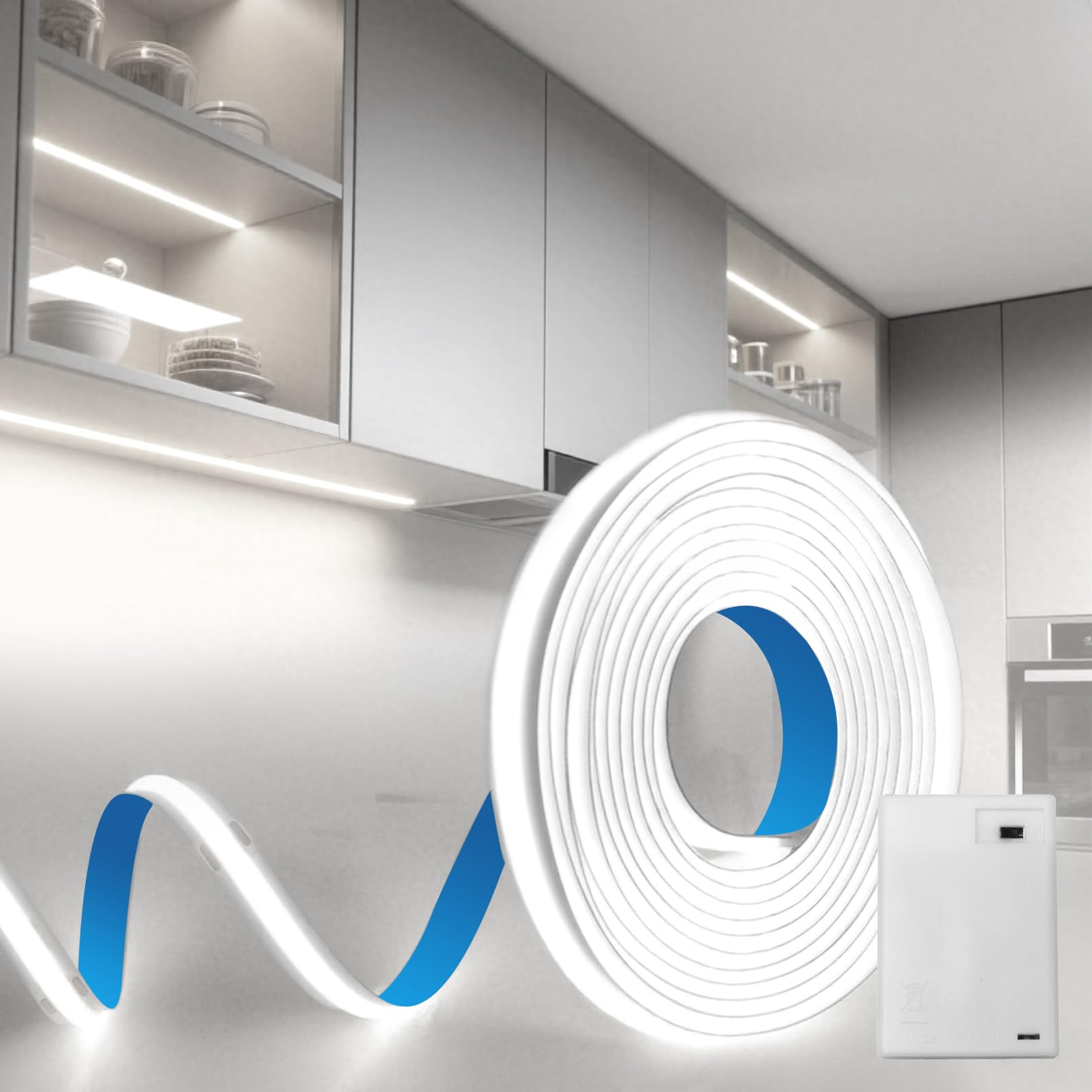 BAGZY Battery LED Strip Light COB 1M 5V Battery Powered LED Strip Tape Lights Cool White 6000K Self Adhesive Flexible Uniform Dotless Cuttable 320LEDs/M for Kitchen Mirror Bedroom Cabinet Decor