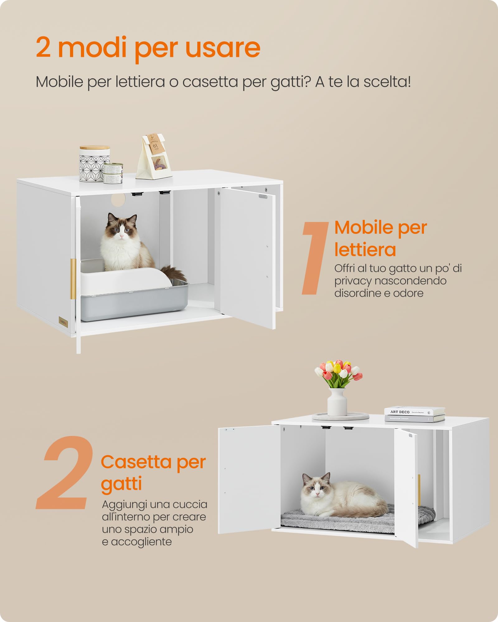 Feandrea Mobile Lettiera per Gatti, Toilette per Gatti Moderna, Ingresso Frontale, Doppie Ante con Maniglie, Utilizzabile come Tavolino, Soggiorno, 80 x 50 x 45 cm, Bianco Opaco PCL020WB02