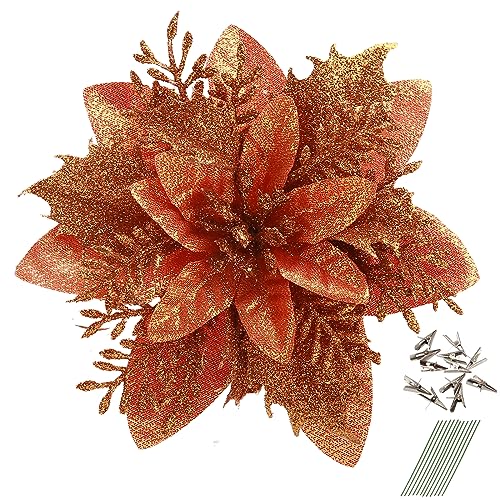 GREENTIME 12 Pcs Glitter Poinsettia 5.5" Artificial Flowers Christmas with Clips Stems Xmas Tree Ornaments for Wedding Party Wreath Decoration (Brown)
