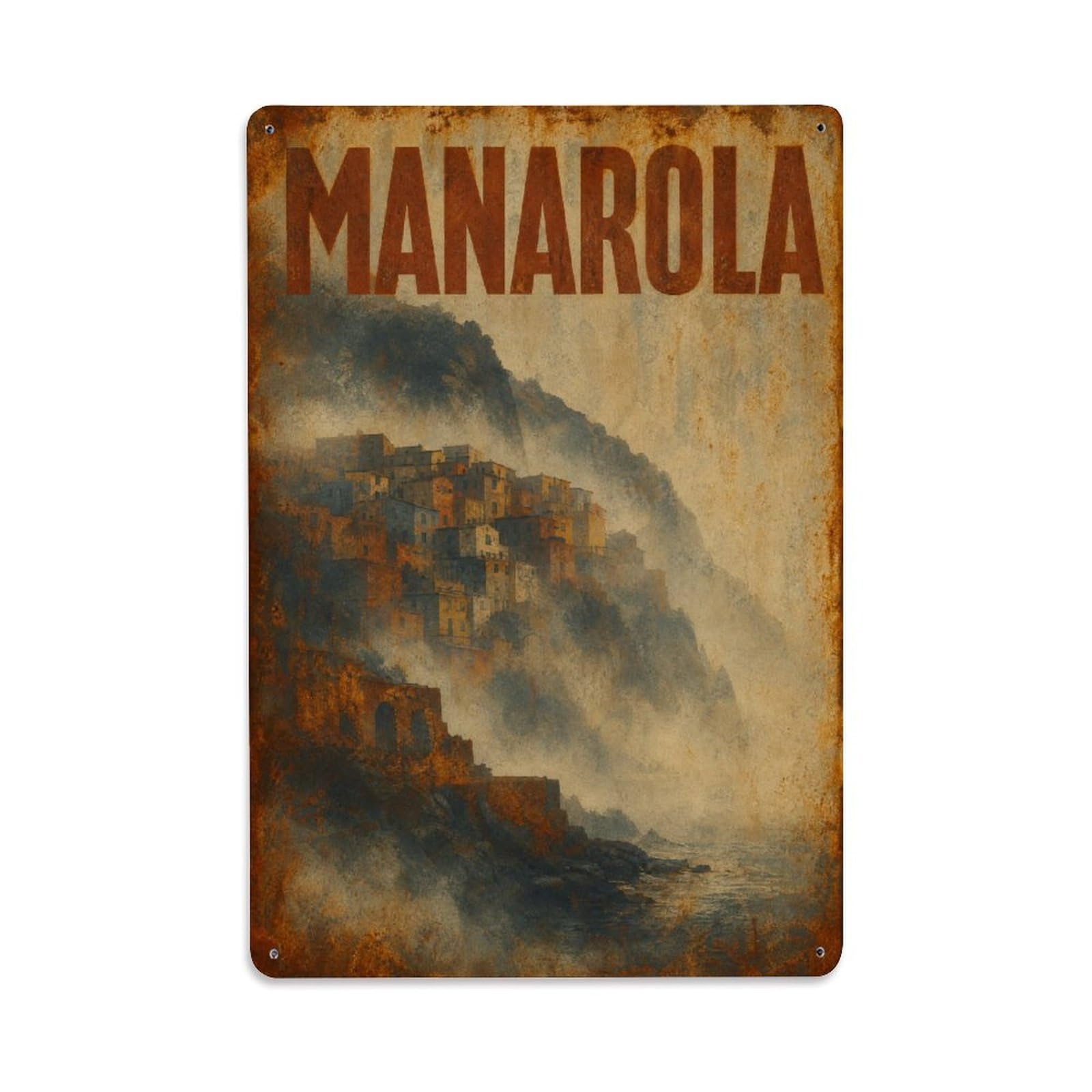 Huiyhb 8X12inch(20X30cm) Vintage Travel Manarola Fog Misty Morning Atmospheric Italy Metal Tin Sign