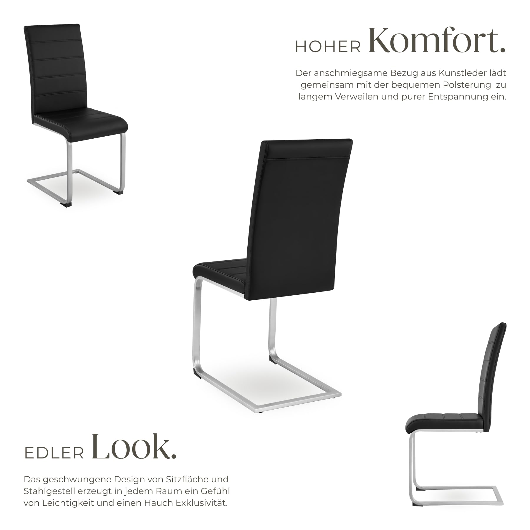tectake® 2er Set Esszimmerstühle modern, ergonomischer Stuhl für Esszimmer, Besucherstuhl, Möbel für Küche, Esstisch, Küchenstühle, Freischwinger Essstühle, hohe Rückenlehne - schwarz