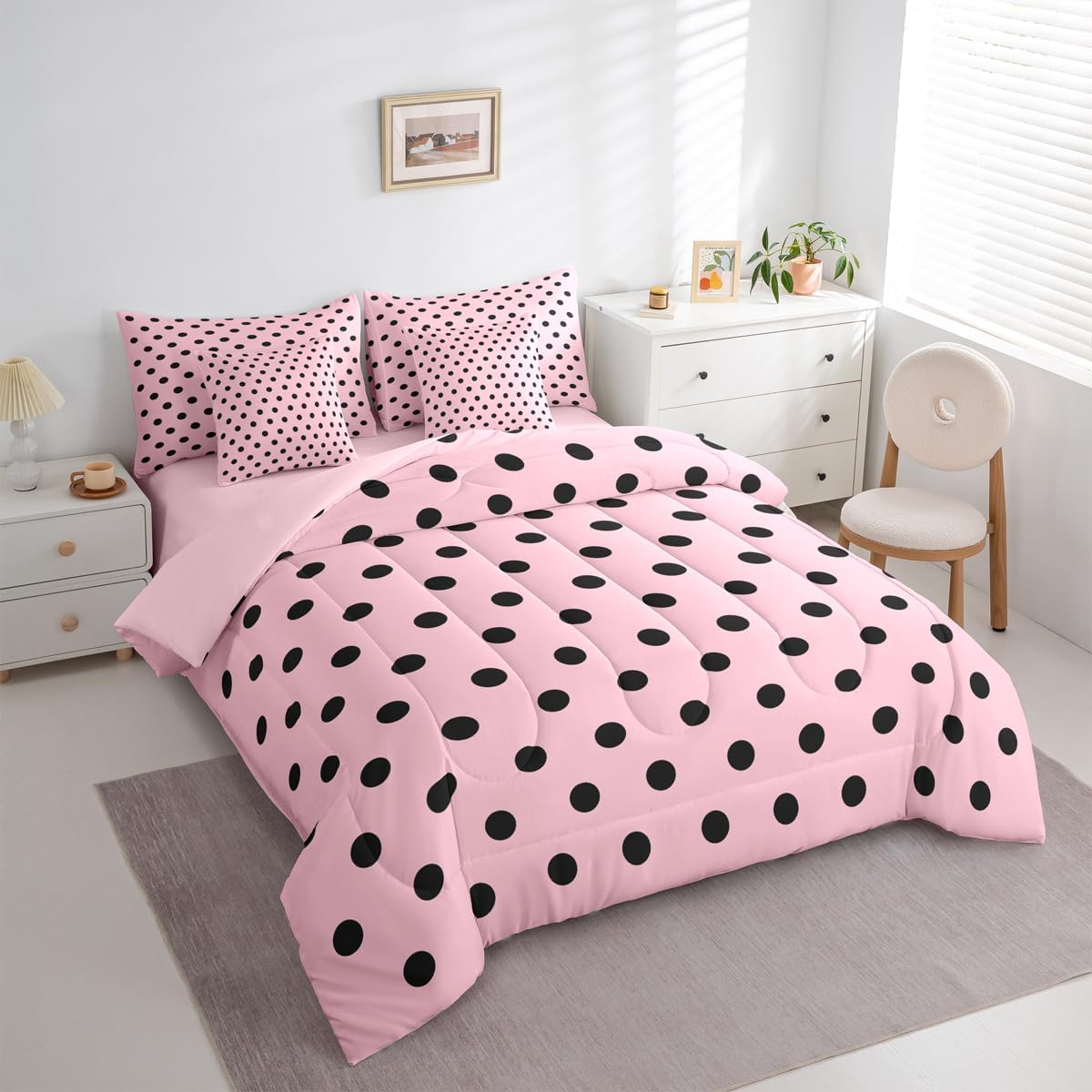 Erosebridal Pink Black Polka Dot Queen Comforter Set for Women Girl Teens | Black Spotty Patterned Bed in a Bag Simple Modern 7-Piece Bedding Set Geometric Abstract Quilt Duvet Sets