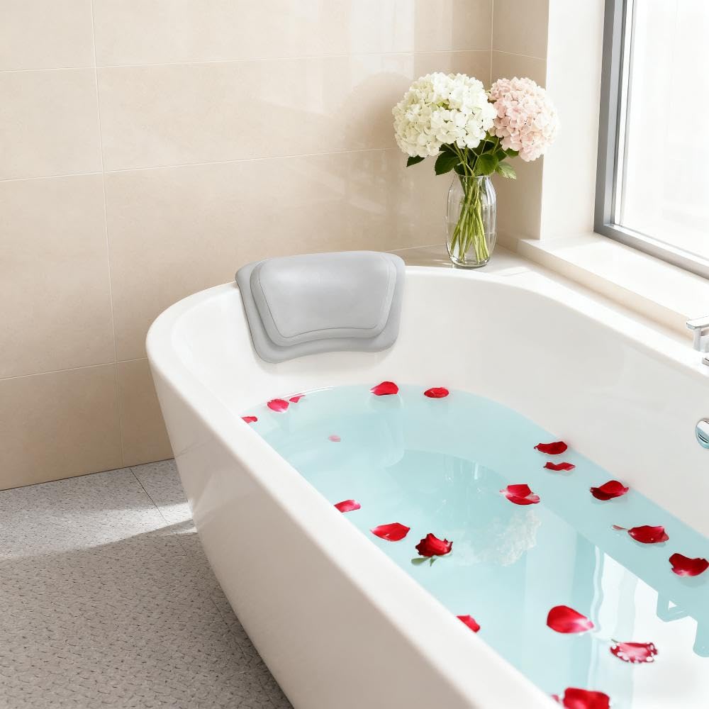 Poduszka łazienkowa do wanny – wodoodporny i ergonomiczny zagłówek 3D z 2 mocnymi przyssawkami, antypoślizgowa poduszka spa dla wsparcia szyi i pleców, wygodny relaks (szara)