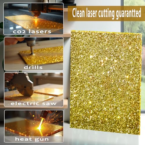Image of Glitter Acrylic Sheets, Gold, 8 inchx8 inch, 2 Pack | 1 /8 in Thick, Cast Sparkly, For Laser Cutting, Engraving, Invitation Blanks