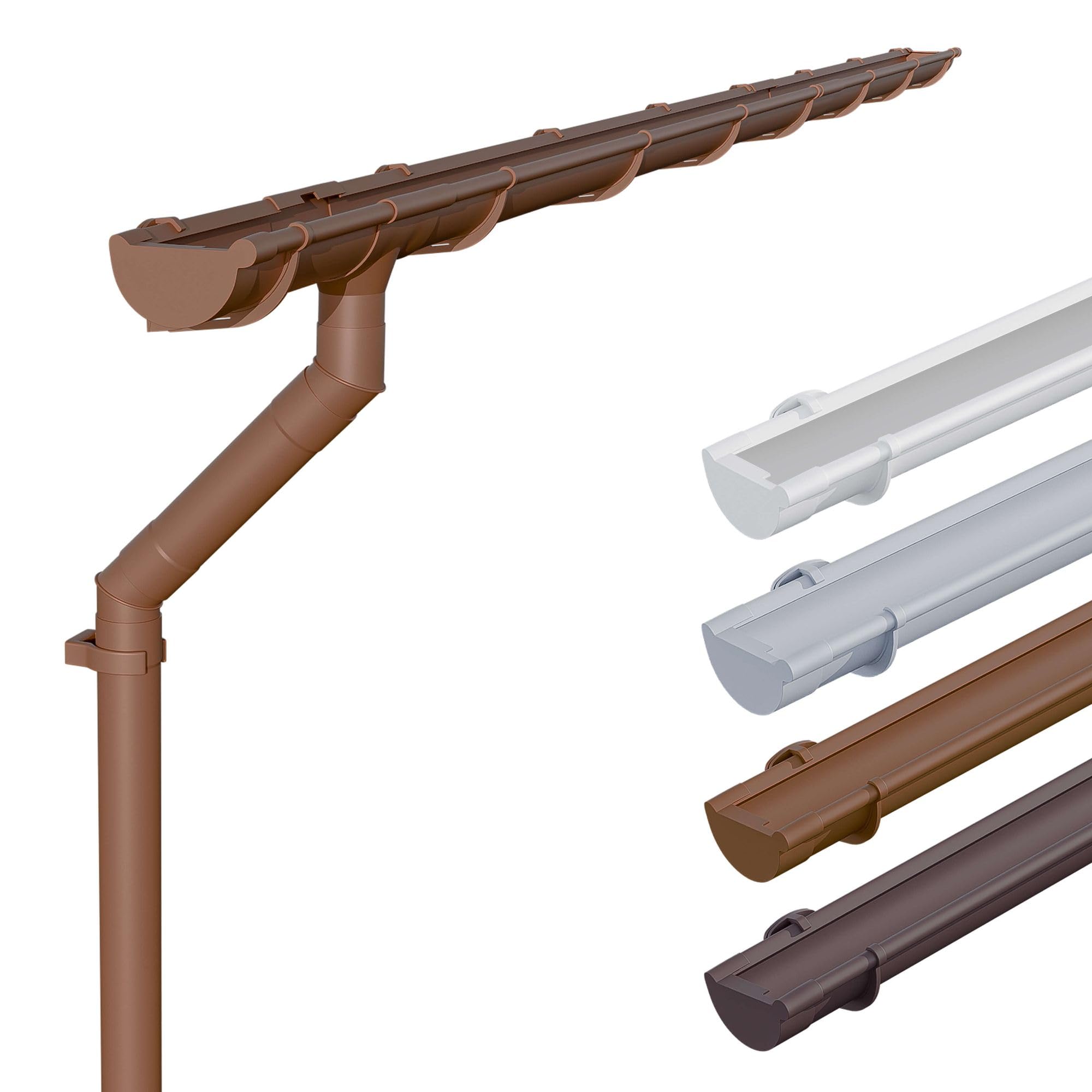 INEFA Plastic guttering Set NW125 / 125mm Half-Round Brown 5m (16'5") – PVC rain Gutter and downpipe Set DN100 for Garden shed and carport