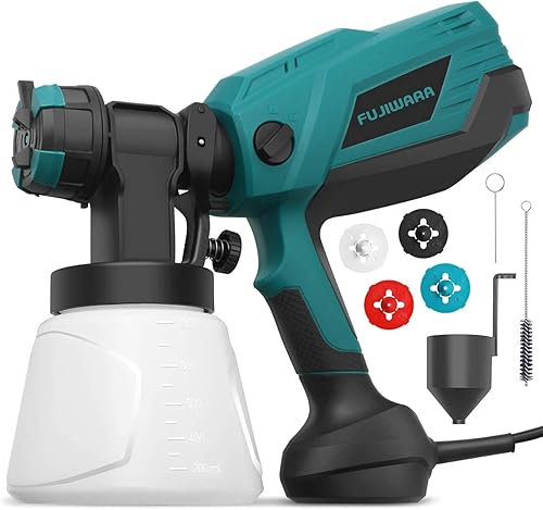 FUJIWARA Pistola de pintura eléctrica, pistola de pulverización HVLP de alta potencia de 700 W con 4 boquillas de tamaño, contenedor de 33.8 fl oz y