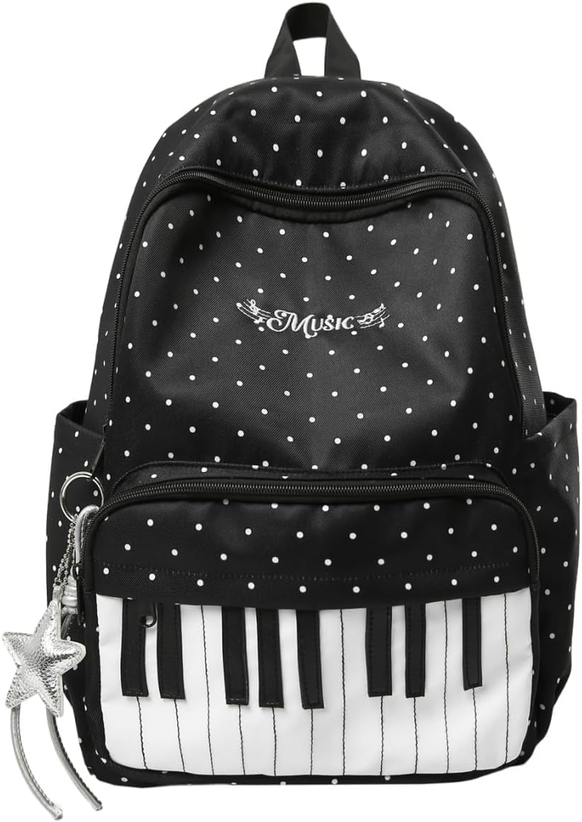 Piano Backpack, Cute Polka Dot Y2K Backpack with Piano Key Design and Star Pendant, 14-Inch Lightweight Nylon Back, Travel & Everyday Use(White) (Black)