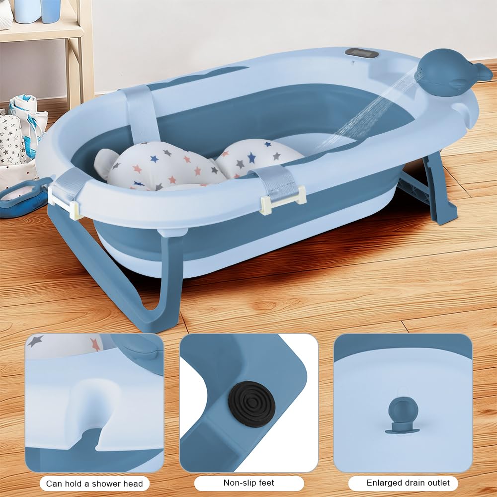 Faltbare Babybadewanne mit Gestell, Thermometer, Badekissen und Badekappe, Baby Badewanne mit Ablaufsystem, PP und TPE Material (Blau, 55x40x90 cm)