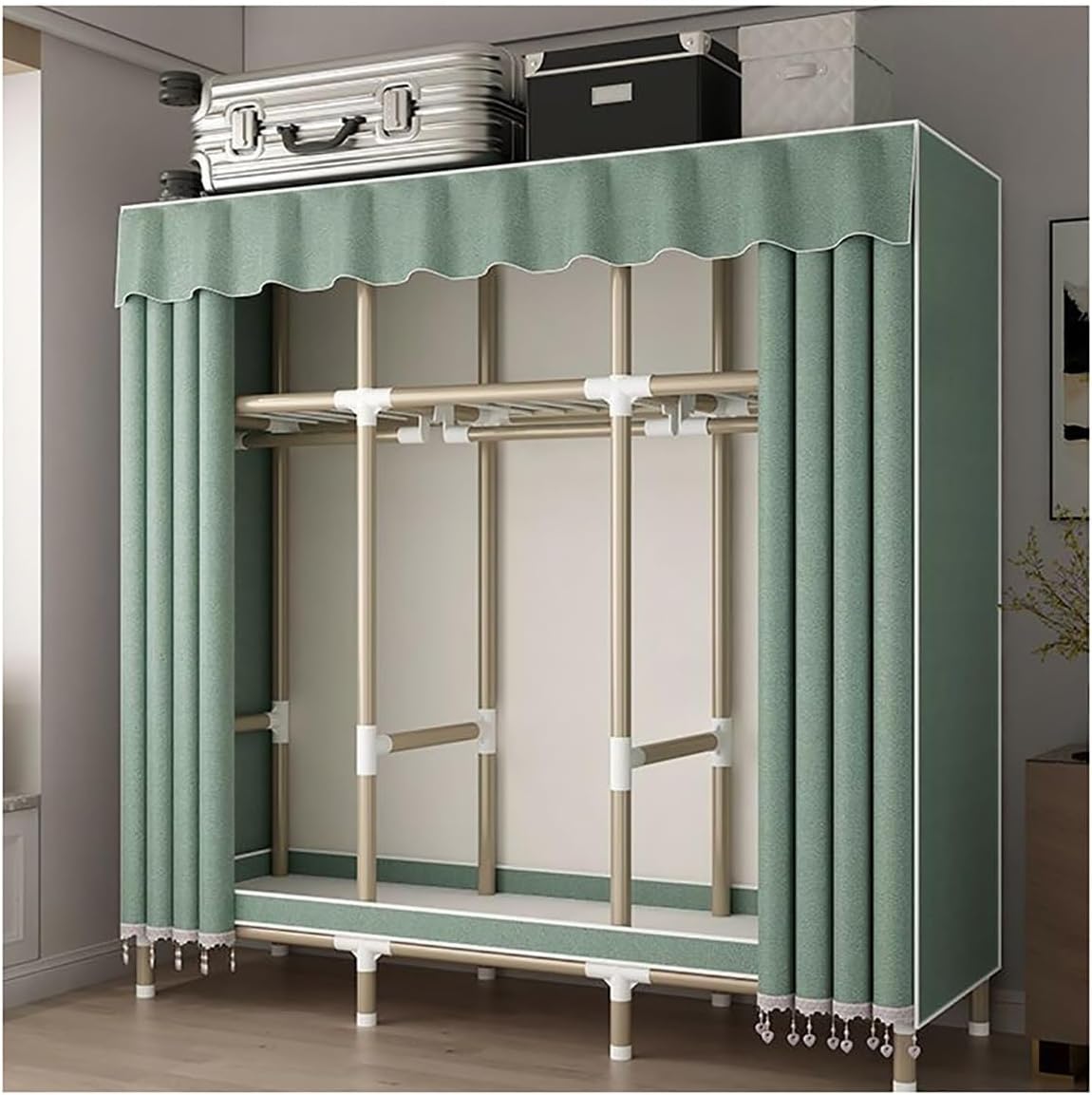 Portable Wardrobe Closet with Cover for Bedroom Clothes Rack with 3 Hanging Rods and 3 Shelves for Hanging Clothes (Color : Green, Size : 168X50X180CM)