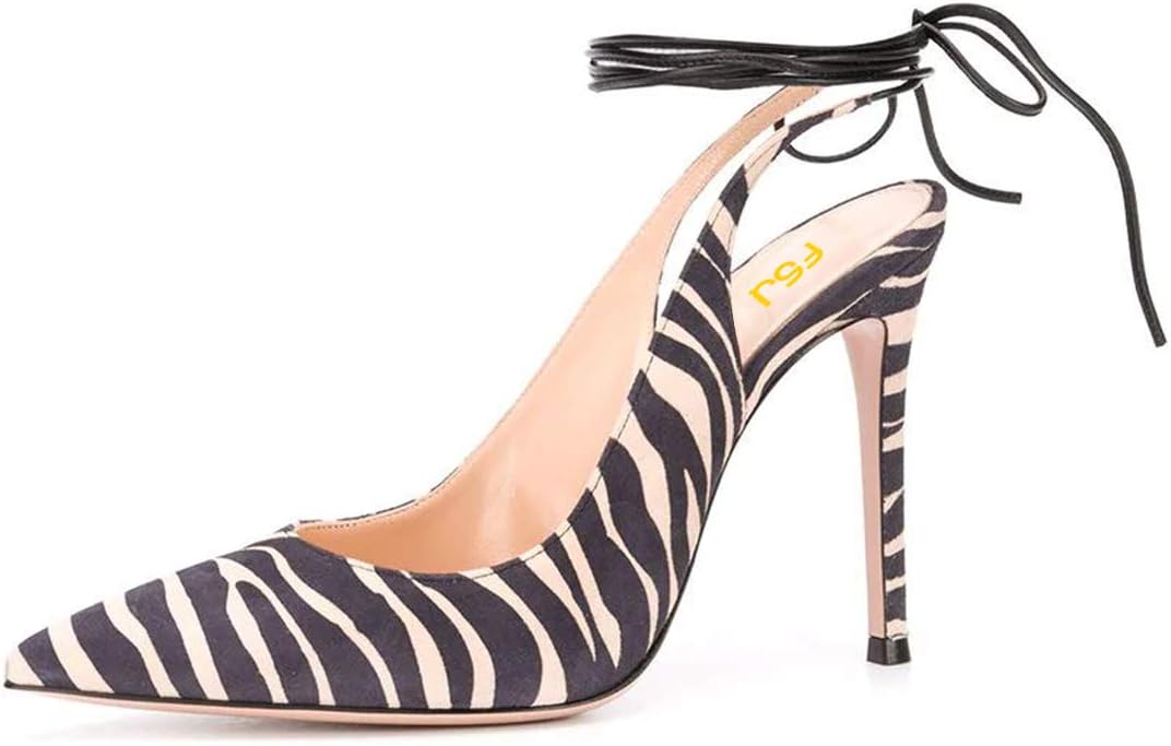 FSJ Women Suede Sexy Zebra Pattern Slingback Pumps Lace Up Ankle Strap Stiletto High Heels Pointed Toe Dress Shoes 4-15 US