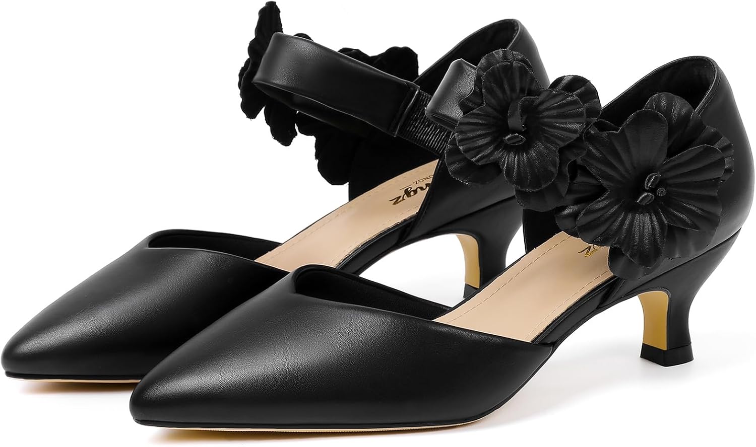 RIBONGZ Black Kitten Heels for Women Low Closed Toe Dressy Pumps Comfortable Slip On Flower Dress Shoes for Wedding Dancing Party Office Work - Image 8
