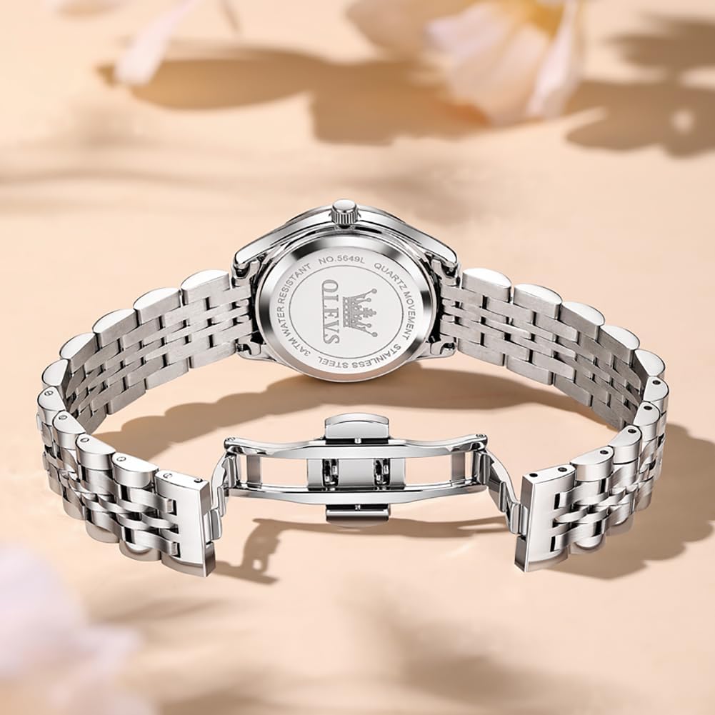 OLEVS Stainless Steel Watches for Women, Luxury Silver Ladies Watch with Date, Waterproof Analog Quartz Dainty Womens Watches, White/Pink/Blue/Purple Dial - Image 5
