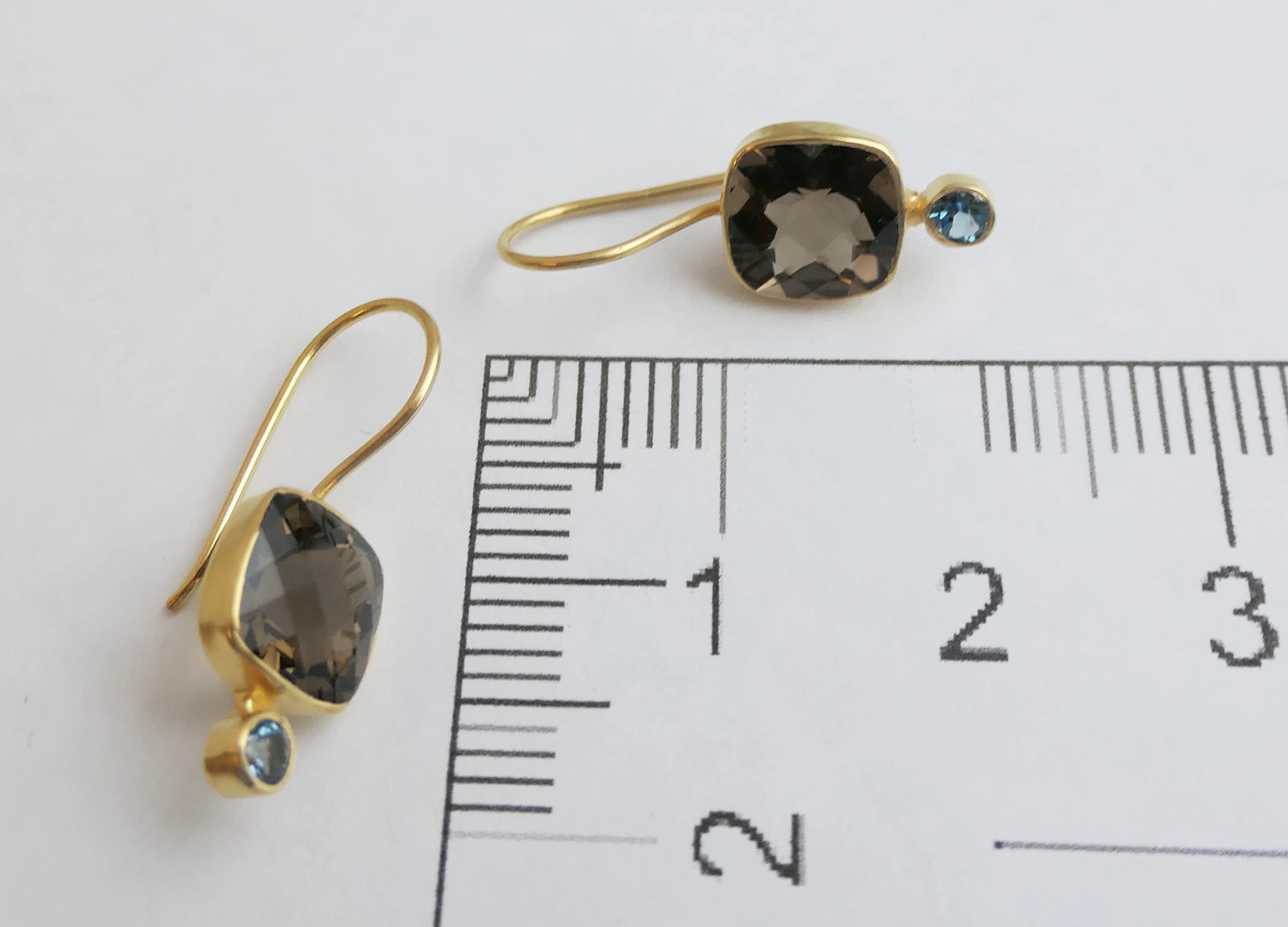 Pendientes de plata de ley 925 con baño de oro y cuarzo ahumado y topacio azul de Londres