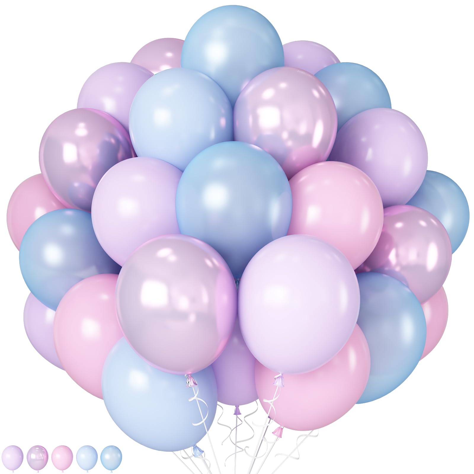 HILAVO Pink Purple Blue Balloon 60Pcs 12 Inch Metallic Pastel Balloon Iridescent Pearl Pink Blue Purple Party Balloons for Girls Mermaid Snowflake