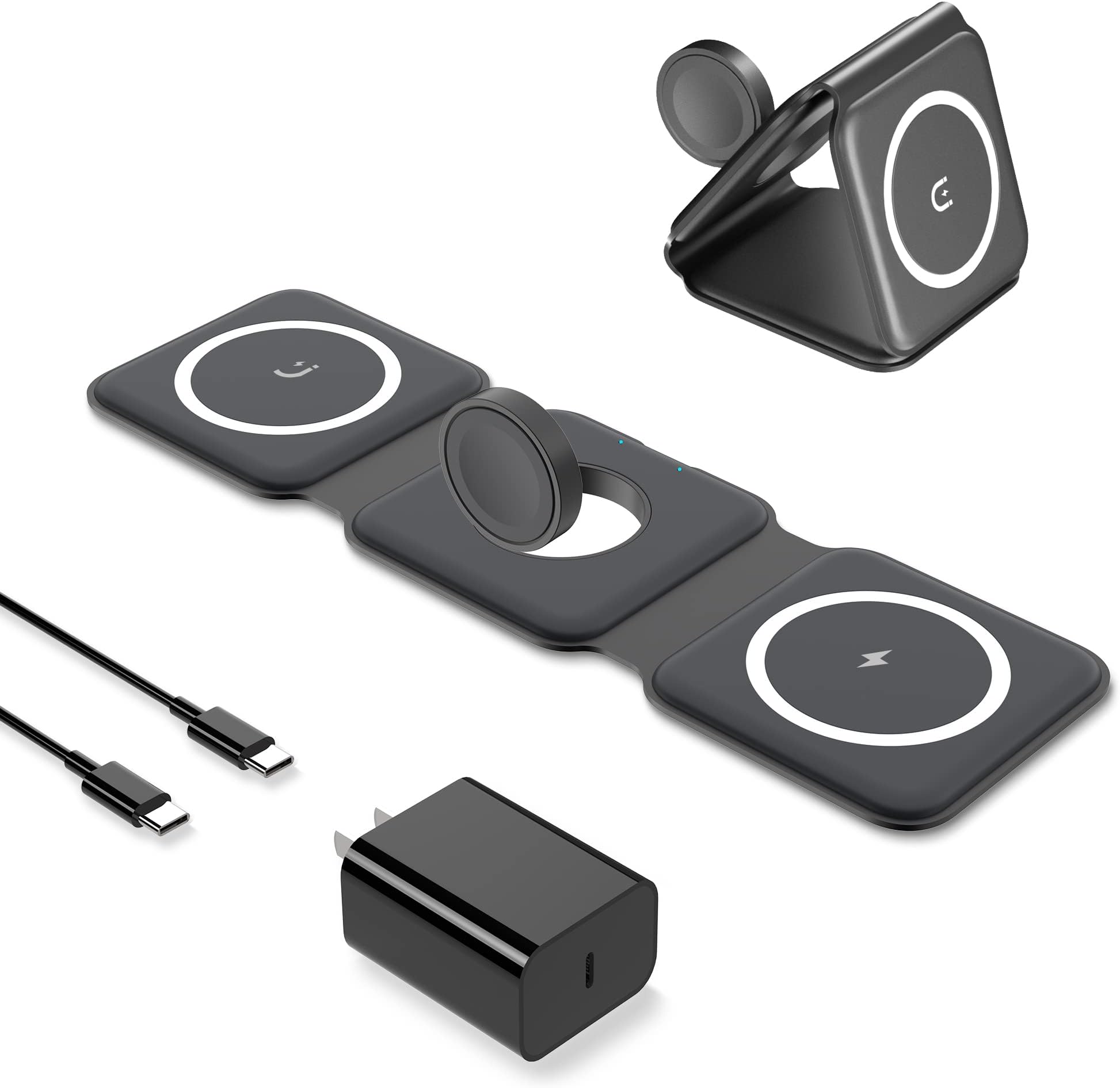 zerogogo3 in 1 Wireless Charger Station for Apple Multiple Devices, Magnetic Foldable Charging Pad, Compatible with iPhone 14/Pro/Max/Plus/13/12, iWatch, AirPods 3/2/Pro (PD20W Adapter Included)