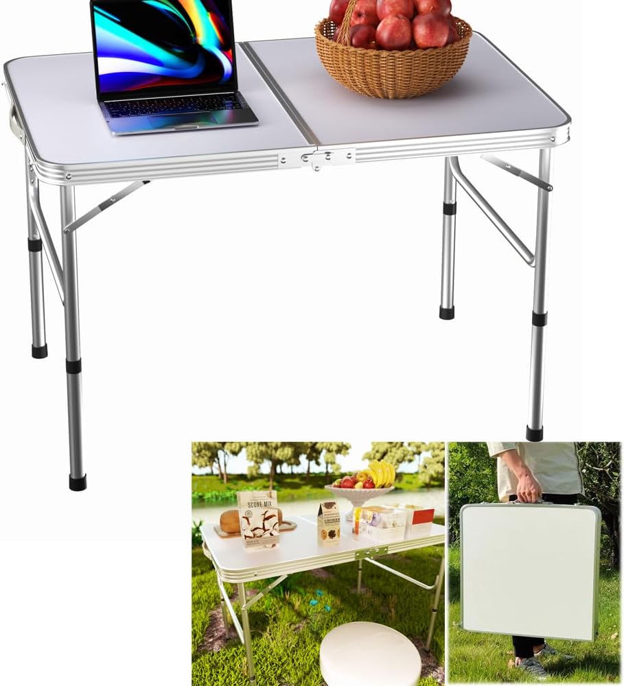 3ft Portable Camping Table - Lightweight Folding Picnic Table with Carry Handle Adjustable Height Aluminium Trestle Dining Table for Outdoor Catering White