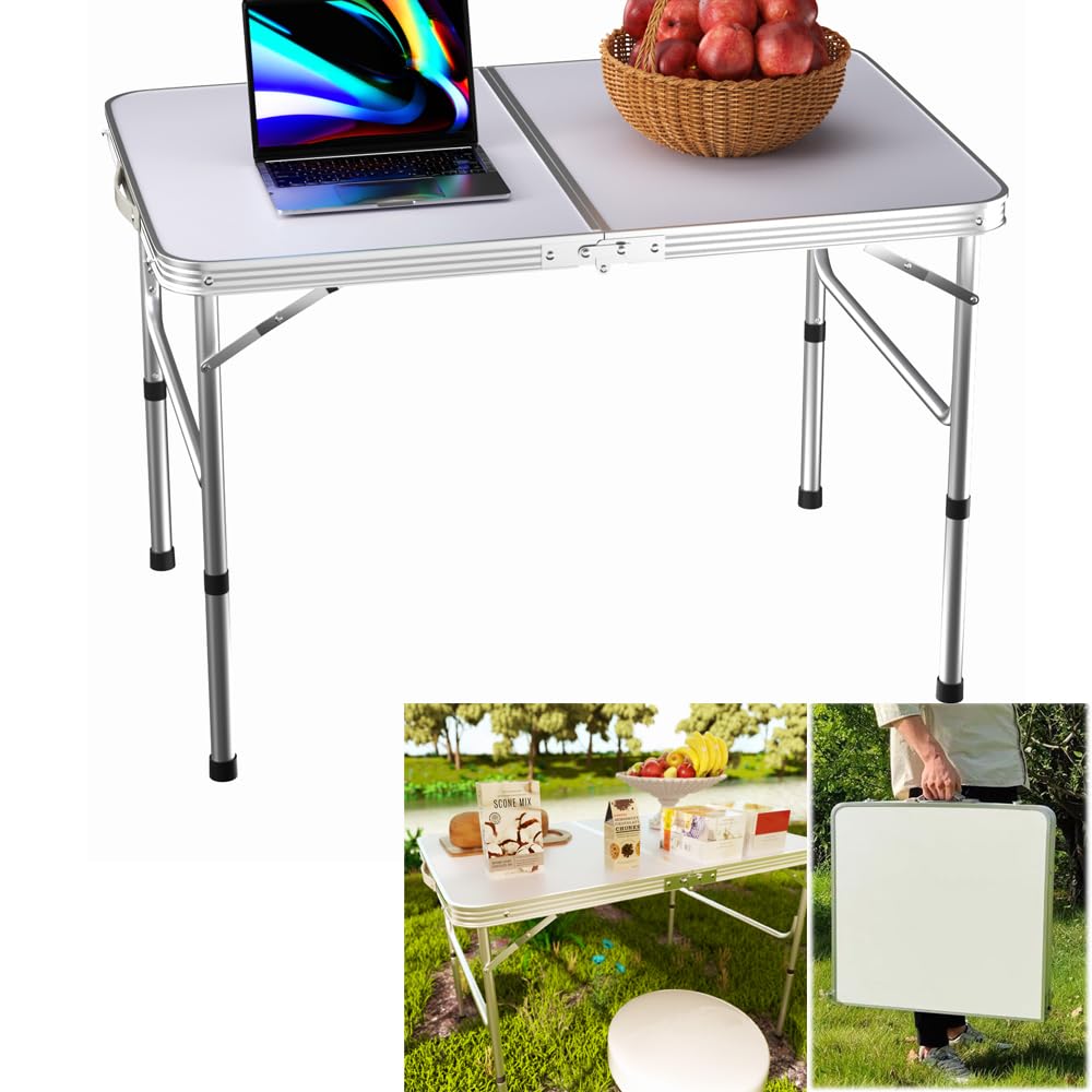 Mesa plegable portátil ligera de 3 pies para picnic y catering, altura ajustable, construcción de aluminio, asa de fácil transporte, color blanco