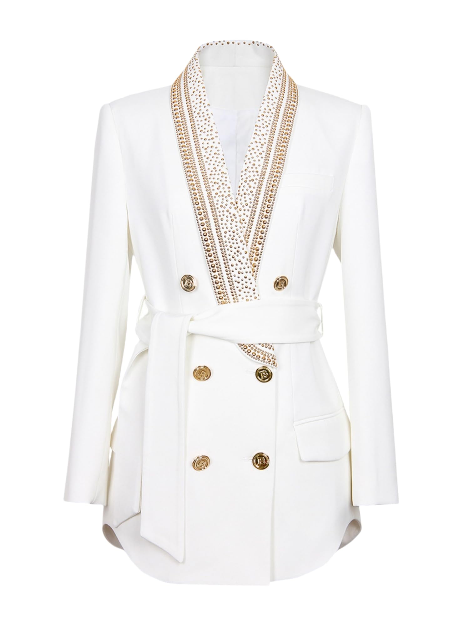 Womens Beads Belt Blazer Mid-Length Shawl Collar Office Jacket Coat Double Breasted Business Suit