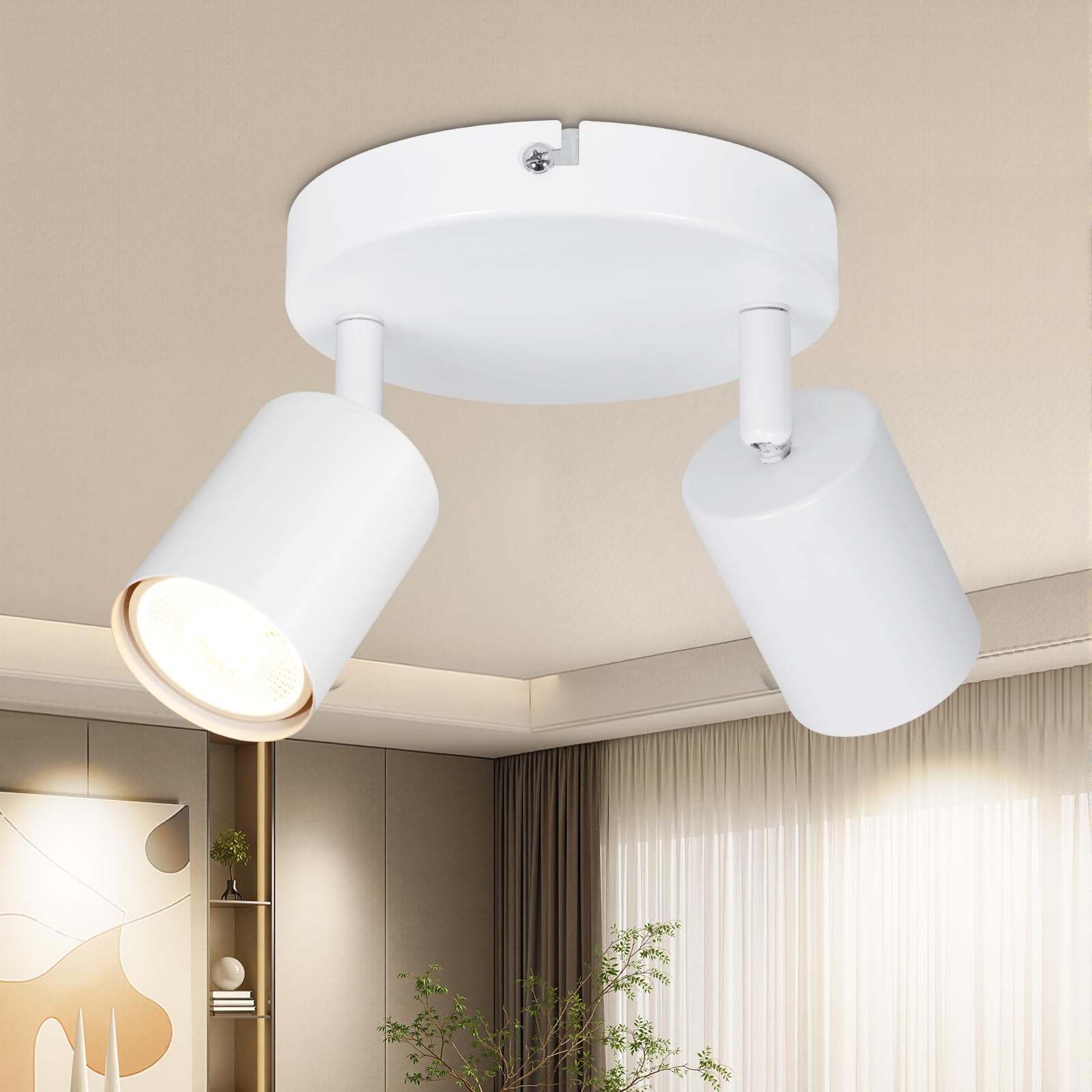 Dehobo GU10 LED Ceiling Light with 2 Spotlights, 350° Swivel, Modern Design, Round White, Indoor Wall Light for Kitchen, Living Room, Bedroom, Without Bulb