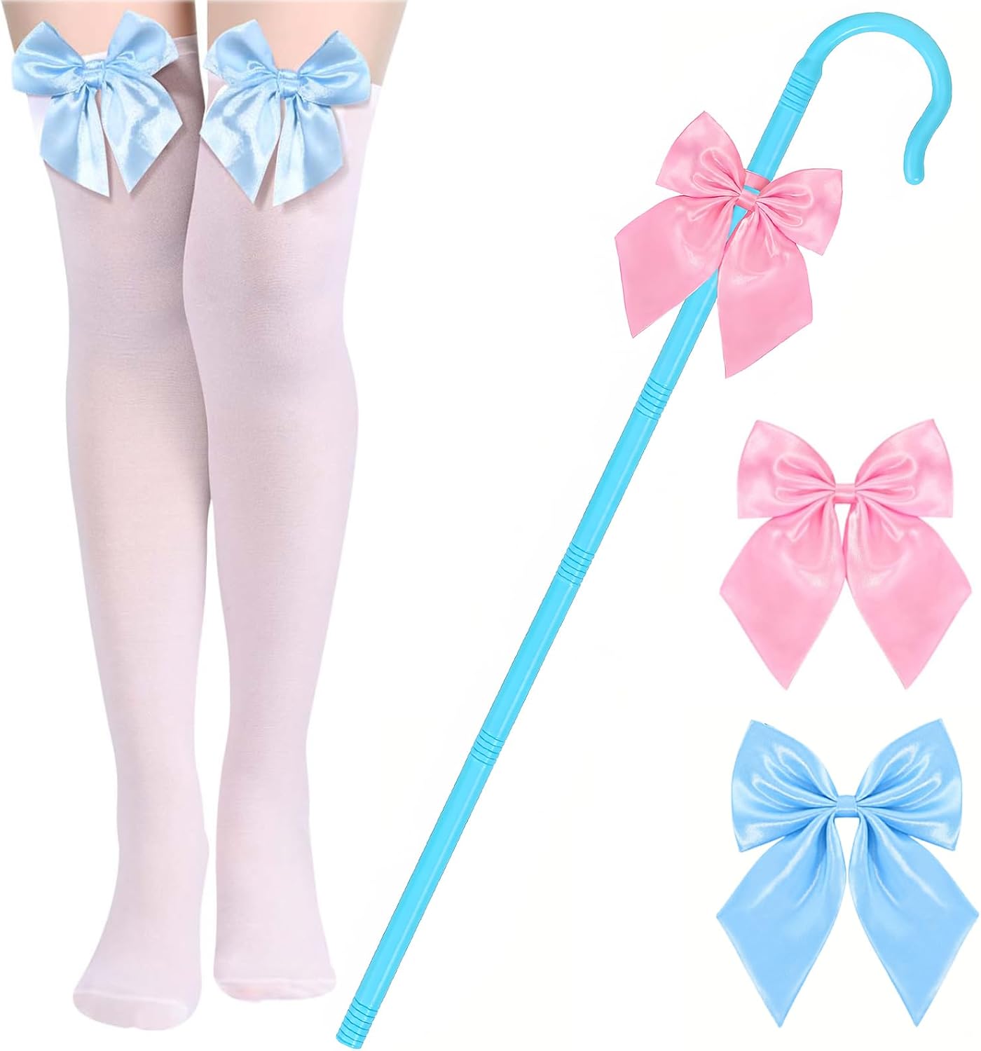 Shepherdess Costume Include 52" Shepherds Hook Staff,Knee Socks,Pink and Blue Bowties for Women Halloween Cosplay