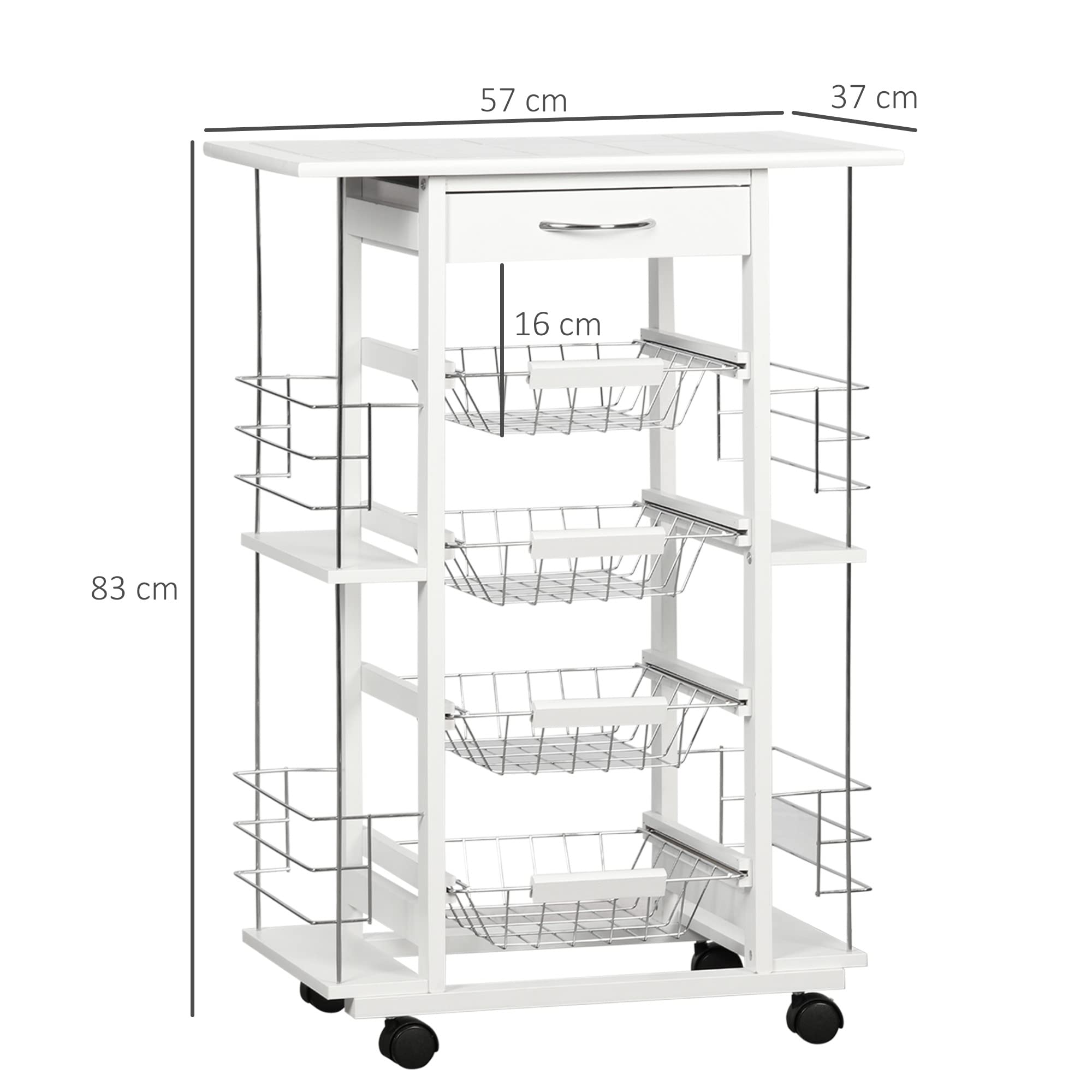 HOMCOM Carrito de Cocina con Ruedas y Encimera Baldosada Carrito Verdulero con Cajón, 4 Cestas Metálicas y 4 Porta Especias Laterales para Comedor 57x37x83 cm Blanco