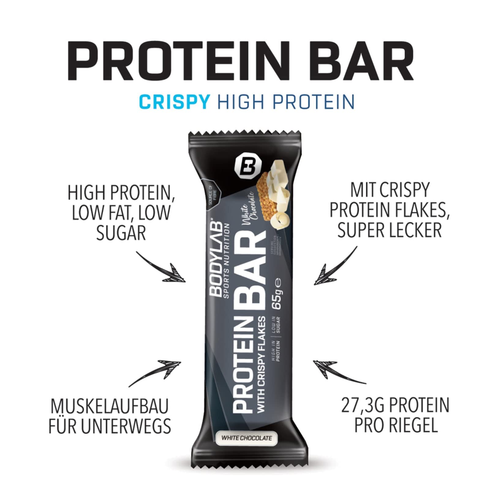 Bodylab24 Crispy Protein Bar Chocolat Crispy 12x65g, barre protéinée avec 27g de protéines par barre, snack fitness pauvre en sucre, barre protéinée croustillante avec beaucoup de fibres