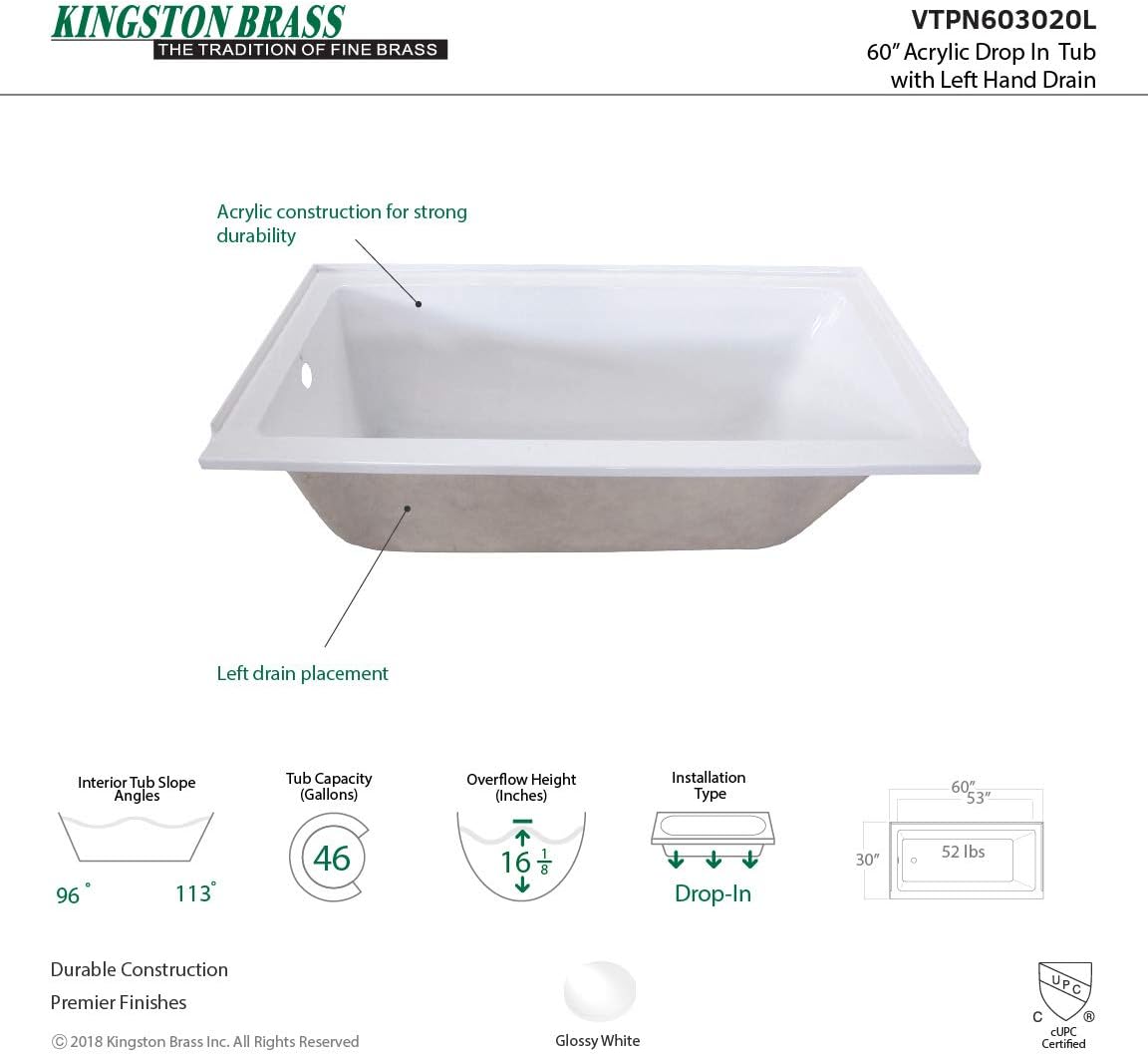Kingston Brass VTPN603020L 60-Inch Acrylic Drop-In Tub with Left Hand Drain, White