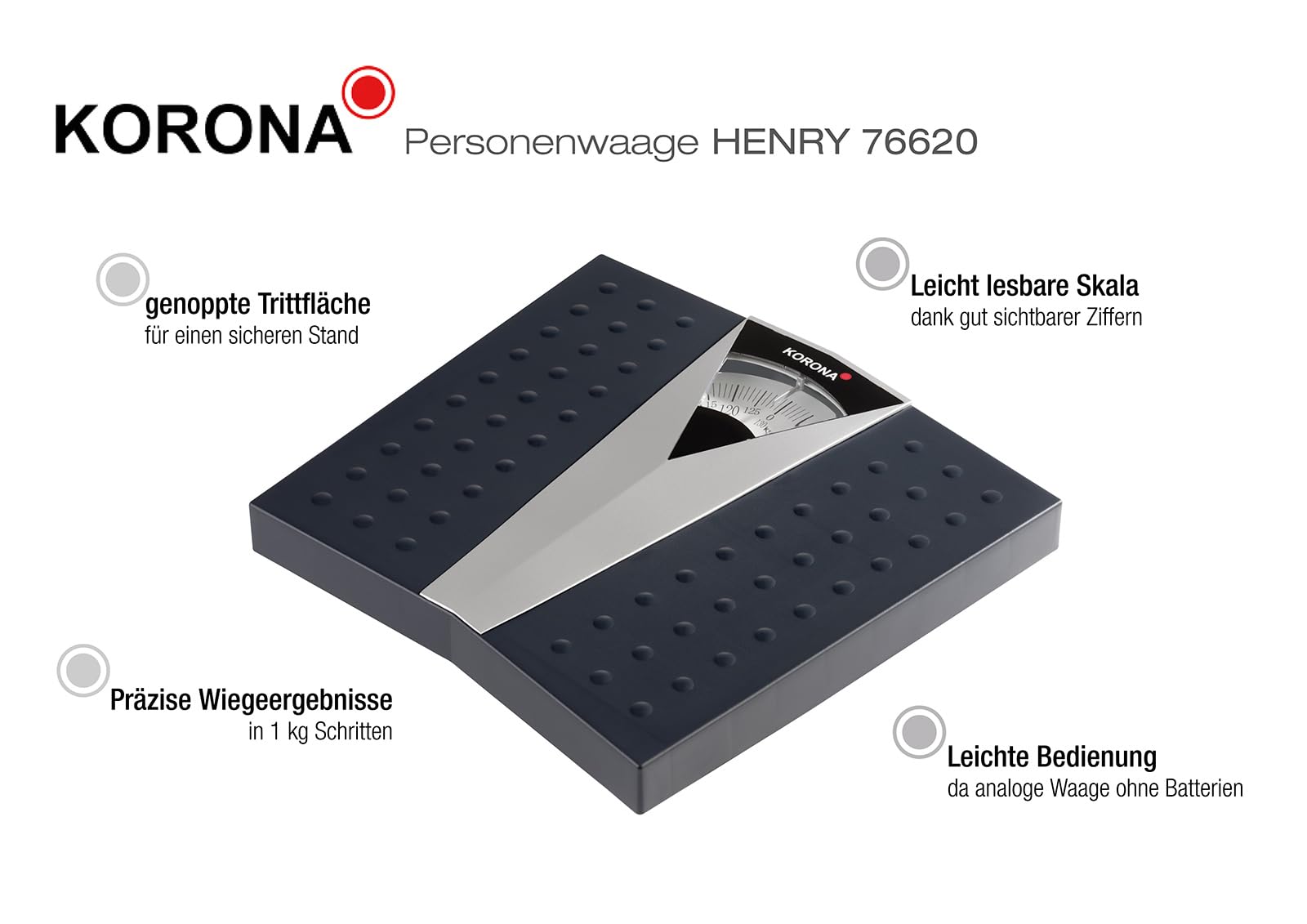 Korona 76620 Mechanische Personenwaage Henry in Grau - Präzise Körperwaage für Personen bis zu 130 kg - Analoge Waage