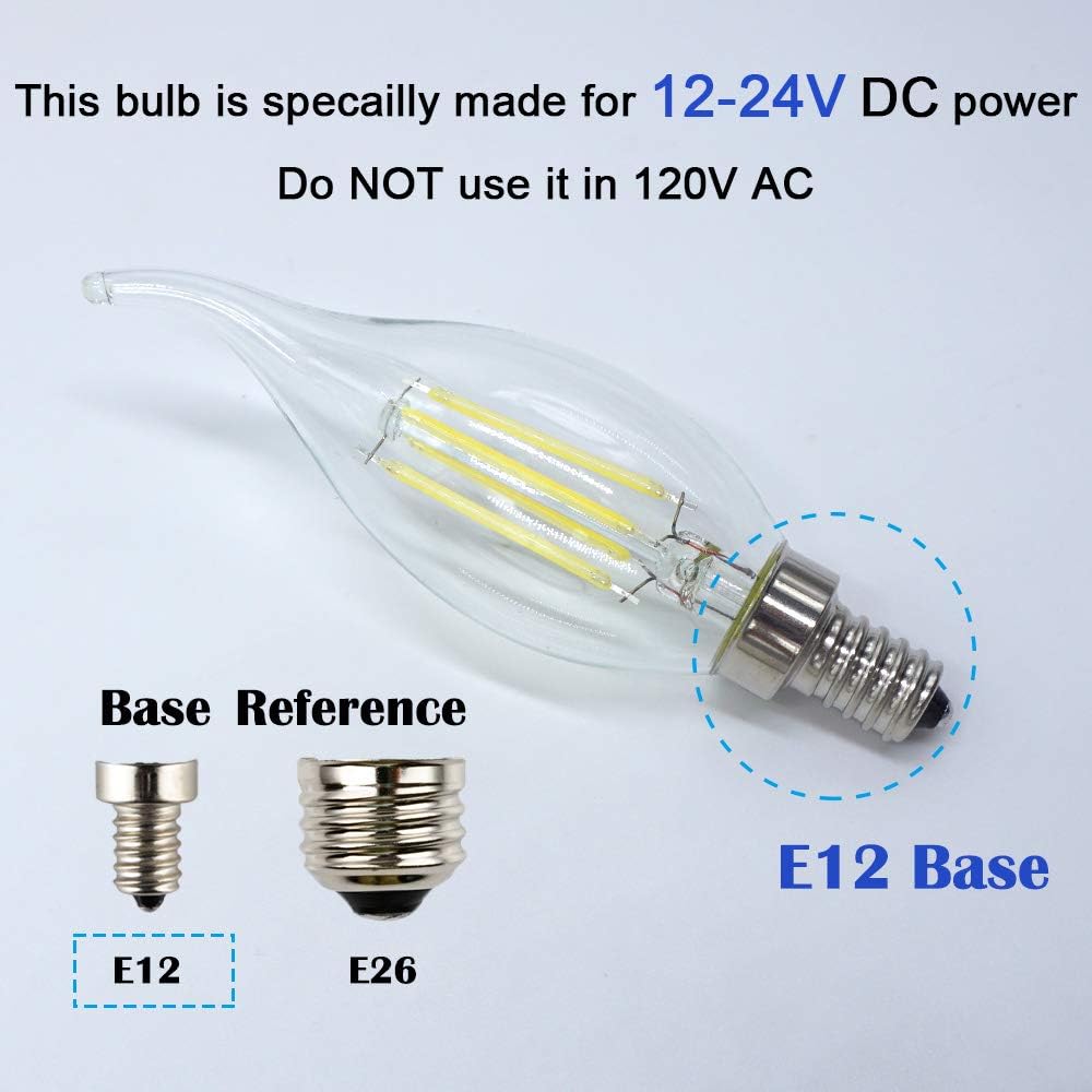 LED Candelabra Bulb, 12V Low Voltage Input, 4W 400Lm, 40W Incandescent Replacement, 4000K Natural White Light, Dimmable with DC Dimmer, Clear Glass Flame Tip, 12V-24V DC Operated, 3 Pack