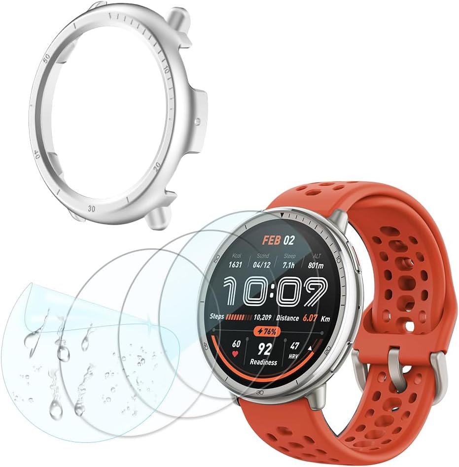 Screen Protector Suitable for Amazfit Active 2 44mm,HD TPU Soft Protective Film,Not Glass,Shockproof PC Cover Case (Silver) | Anti-Scratch, Ultra-Thin Set (4+1 Pack)