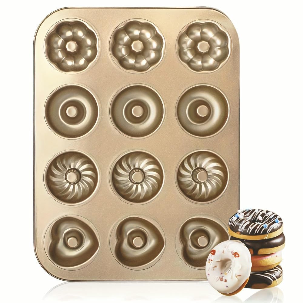 NYSDM Moule à Beignets antiadhésif à 12 cavités avec 4 Motifs Plateau Polyvalent Beignets Gâteaux Biscuits Bagels Muffins Pâtisserie DIY