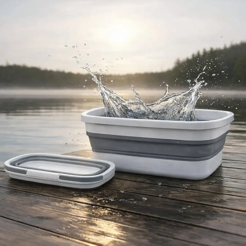 Balde Retratil Silicone 13L Multiuso Premium Branco Cinza Dobravel Portatil para Lavanderia Limpeza Armazenamento