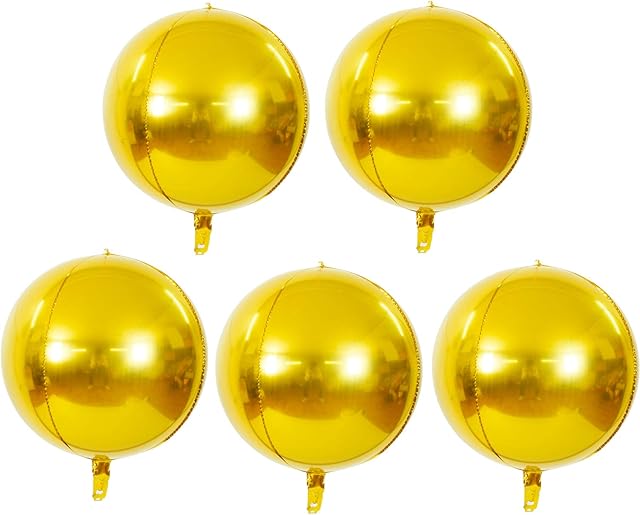 TONIFUL 5pcs Hangable Gold 4D Round Sphere Foil Mylar Balloon 22inch Large Aluminum Film Balloon Gold Mirror Metallic for Birthday Party Wedding Baby Shower Decoration Christmas New Year Supplies