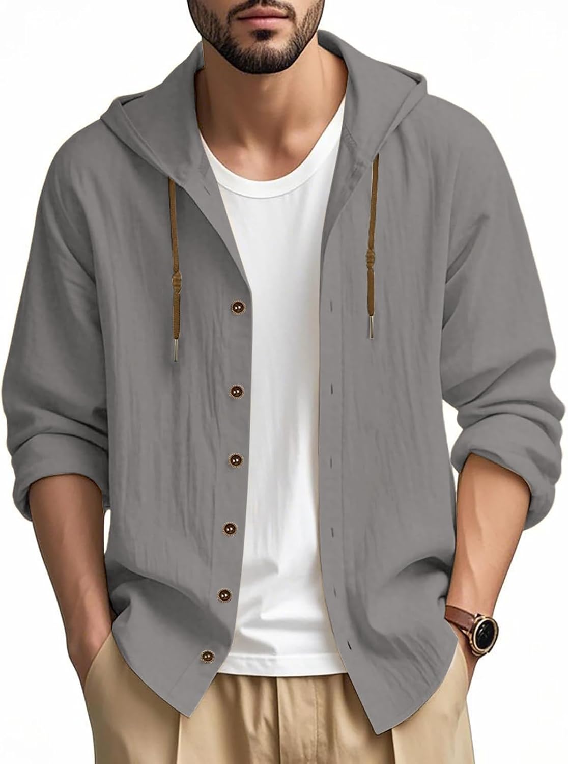 PIDOGYM Men Cotton Linen Long Sleeve Button Down Shirt Summer Casual Hawaiian Beach Tops Lightweight Fashion Hoodies - Image 2