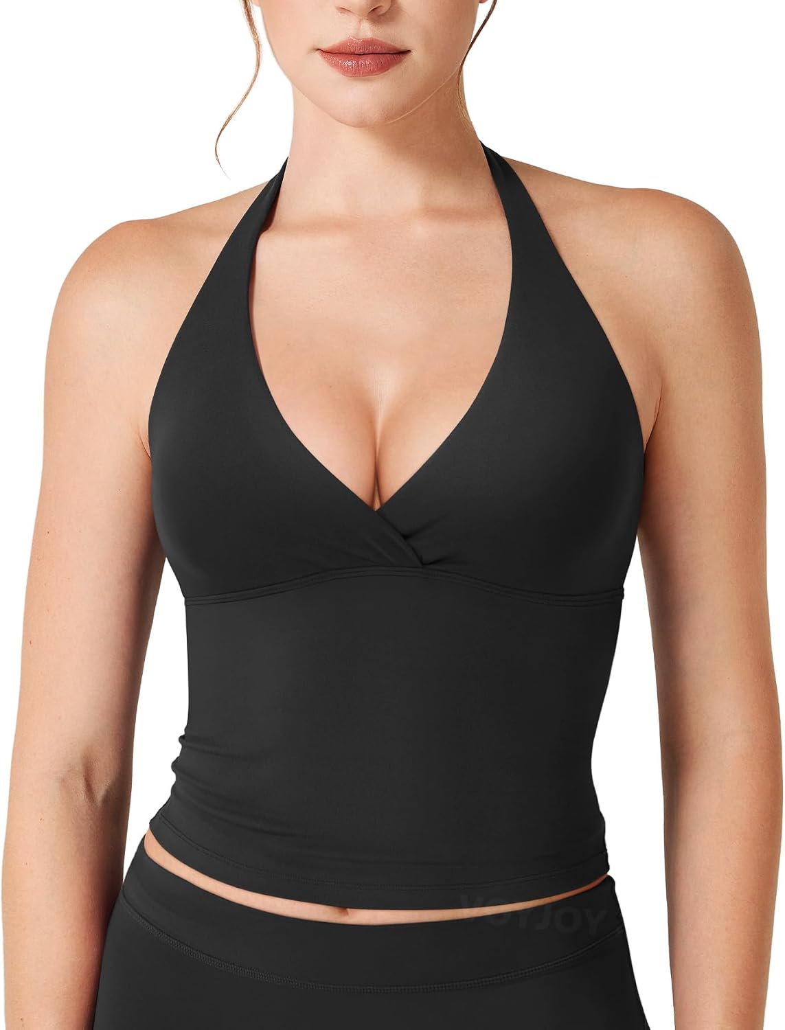 VOYJOY Women's Halter Tank Top Longline V Neck Backless Padded Yoga Tops | Soft stretchy, Supportive, Backless, Workout Impact Longline