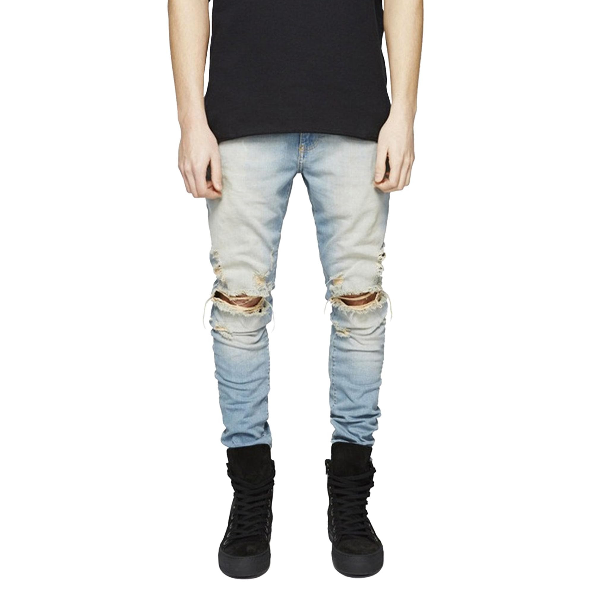 Mens Distressed Knee Holes Jeans Skinny Fit Ripped Destroyed Jeans Pants Ripped Washed Tapered Leg Jean