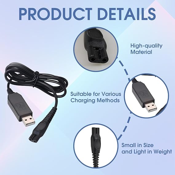 15V USB Shaver Charger Cable for HQ8505, Compatible Replacement Power Cord for Beard Trimmer, Groomer, Clipper, OneBlade, Philips Shaver Charger Lead for Men’s Electric Razors and Travel Use
