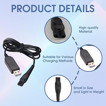 15V USB Shaver Charger Cable for HQ8505, Compatible Replacement Power Cord for Beard Trimmer, Groomer, Clipper, OneBlade, Philips Shaver Charger Lead for Men’s Electric Razors and Travel Use