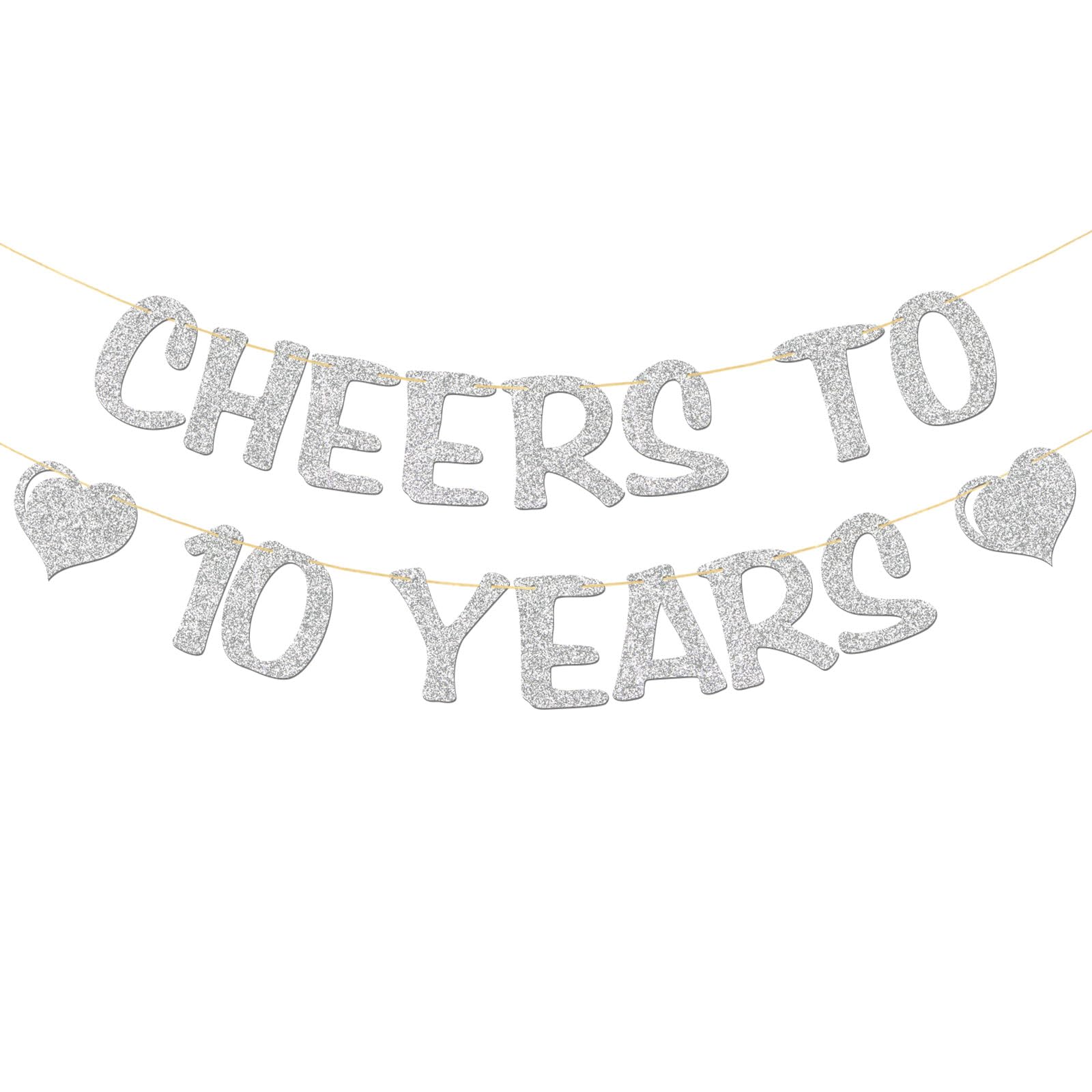 Cheers to 10 Years Banner - 10th Anniversary Party Garland Supplies - Happy 10th Birthday Party Decorations Glitter Silver