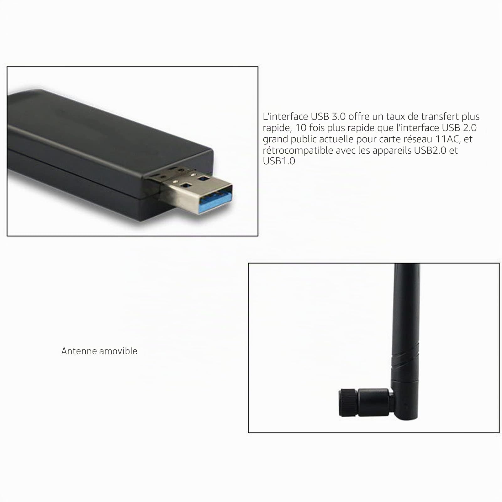 Yunseity Adaptateur WiFi USB, Adaptateur Réseau sans Fil RTL8812AU, Dongle WiFi USB 3.0 1200M avec Double Bande 2,42 GHz/300Mbps 5GHz/866Mbps Antenne à Gain élevé pour Android, Linux, Win