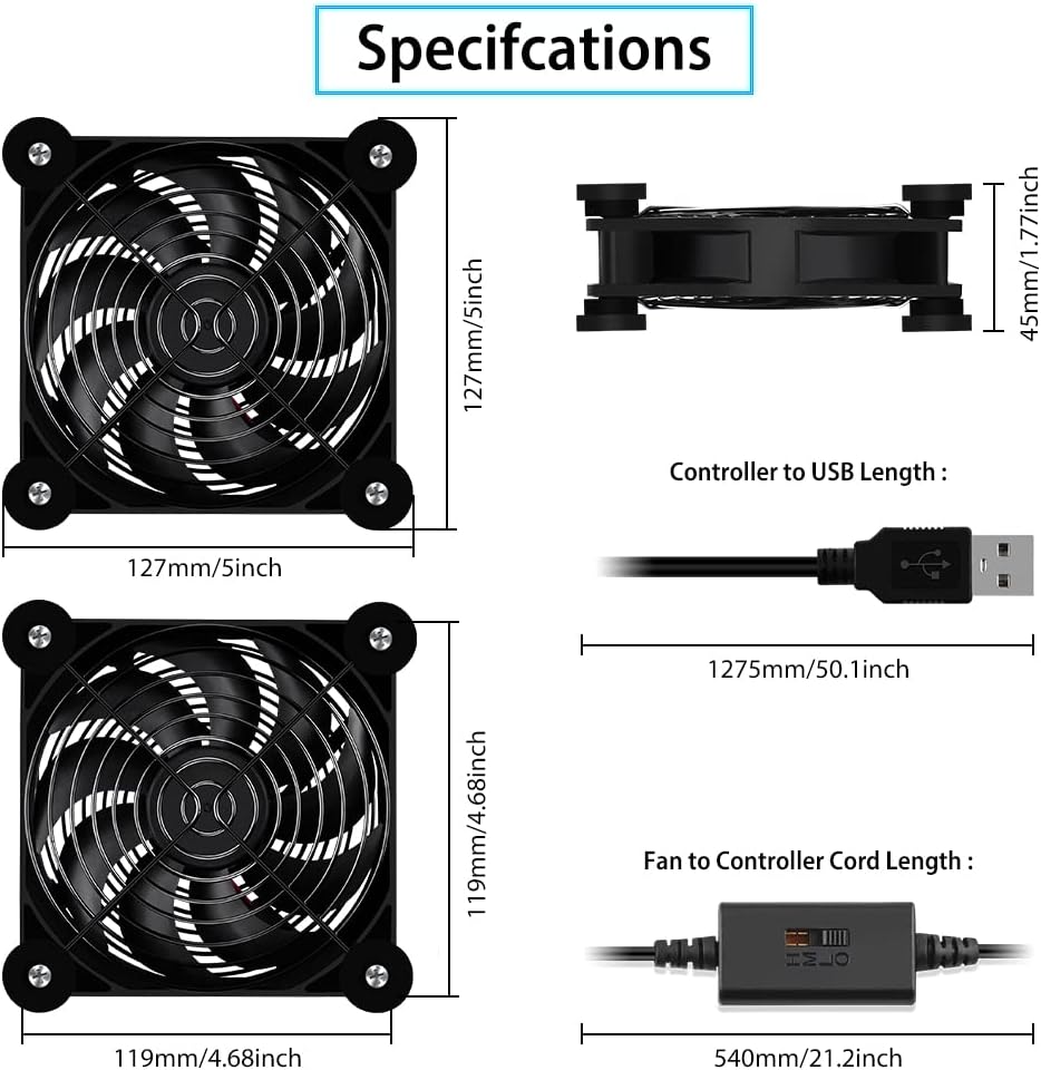 2Pack Quiet 120mm USB Fan Dual-Ball Bearings, USB Fan 5V, with L/M/H 3-Degree Speed Controller High Airflow Cooling Fan for Router Modem Receiver DVR PlayStation Xbox TV Box