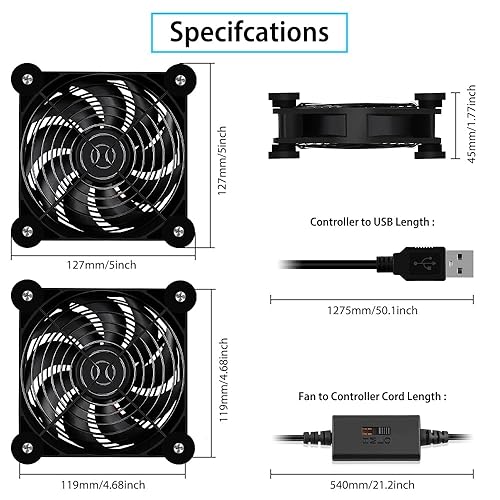 Miniatura 6 de NewHail Paquete de 2 rodamientos de doble bola de ventilador USB silencioso de 4.724 in, ventilador USB de 5 V, con controlador de velocidad de 3